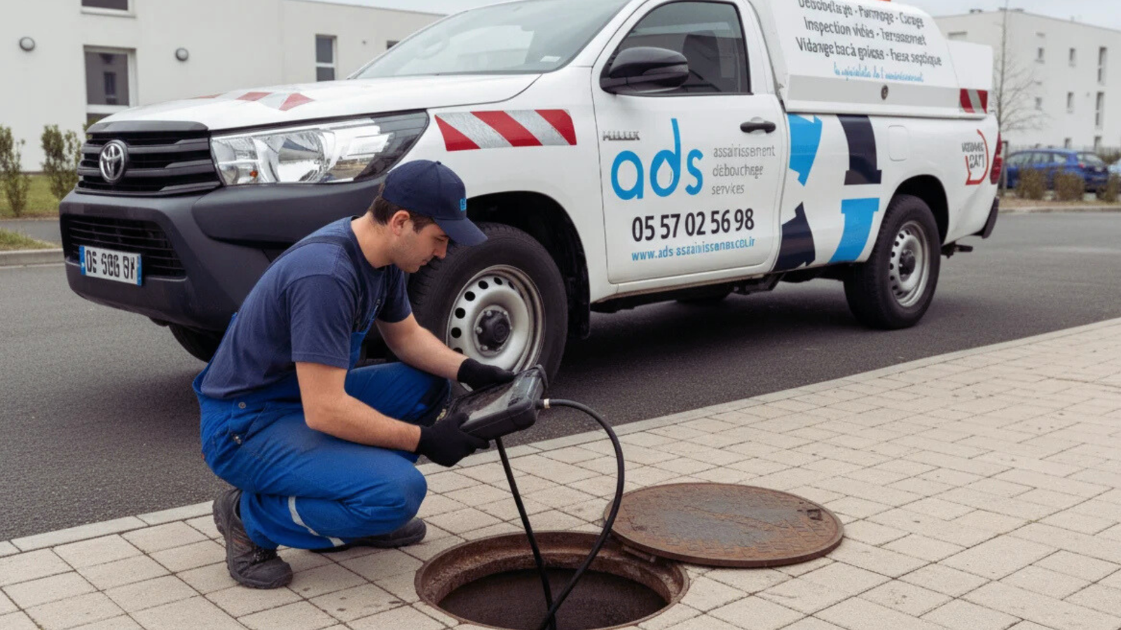 Inspection caméra canalisation salle de bain par technicien ADS
