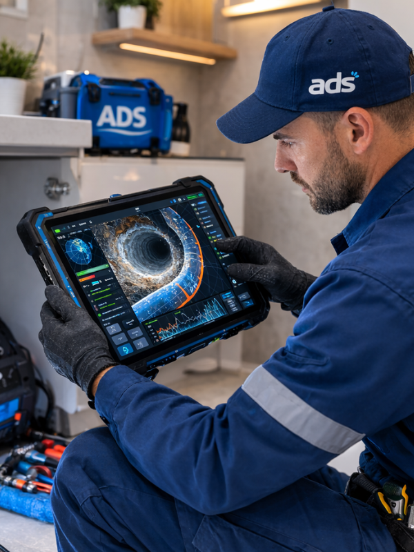 Inspection caméra canalisation salle de bain par technicien ADS