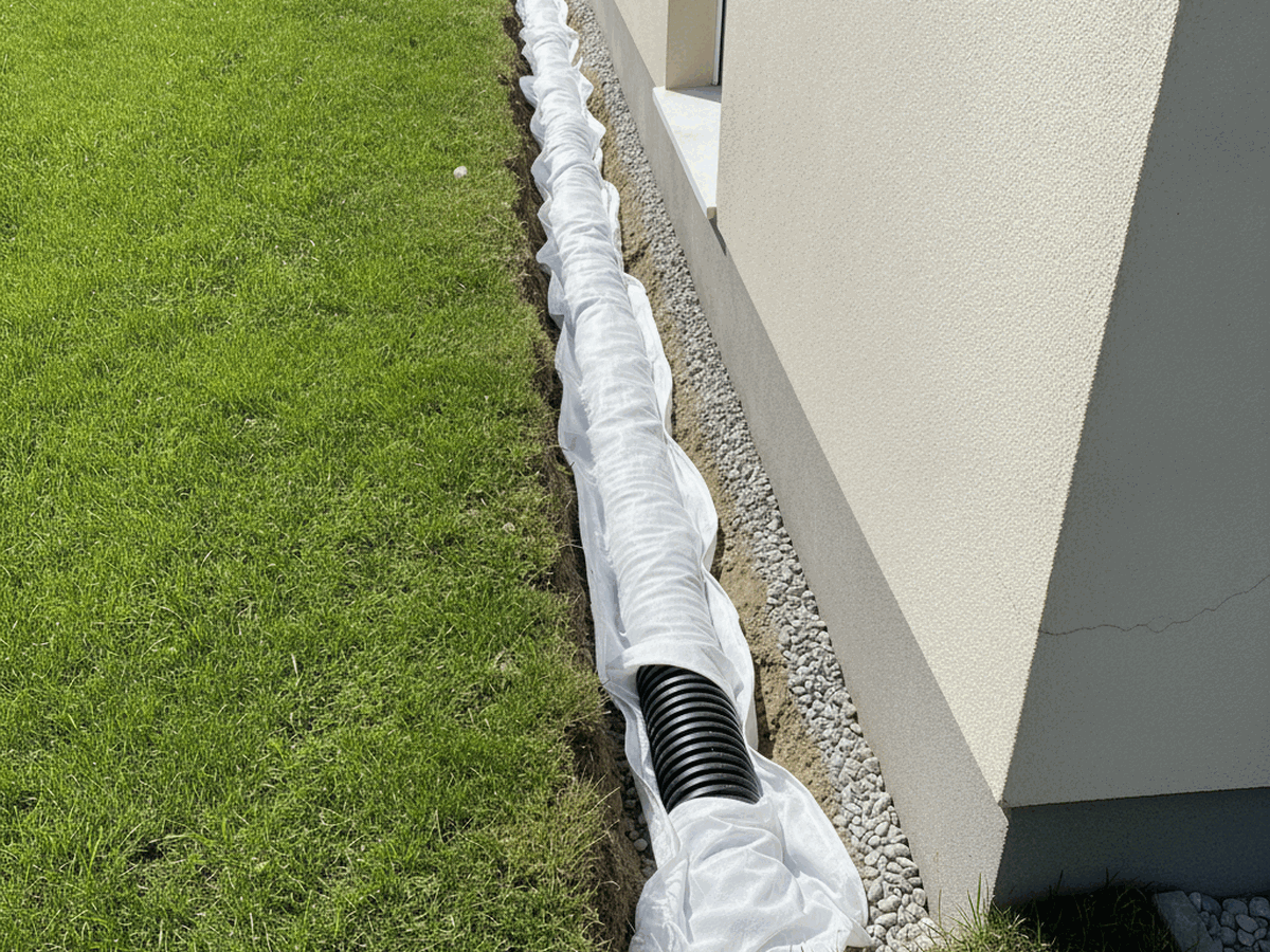 Installation de drain à Bordeaux : drain périphérique sous géotextile au pied du mur