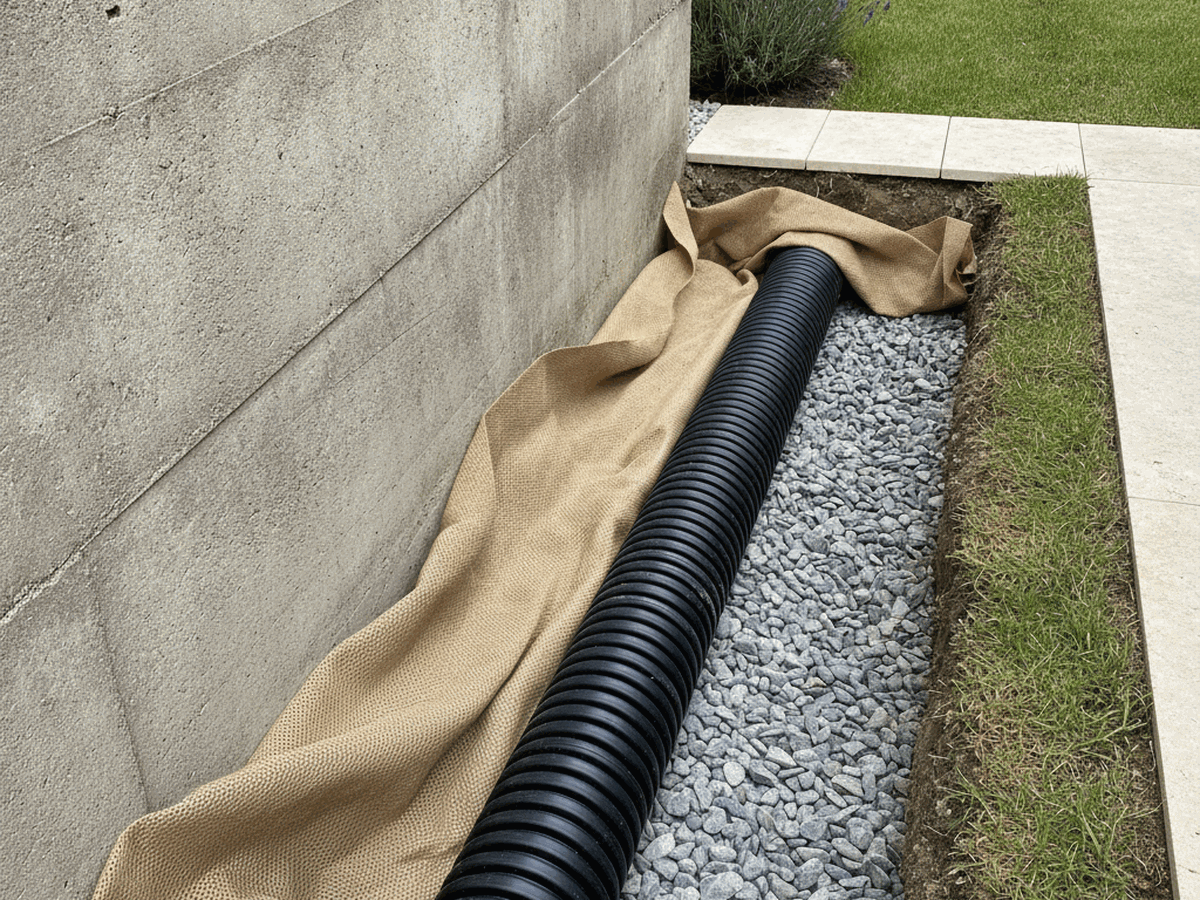 Drain annelé perforé posé sur lit de gravier le long des fondations