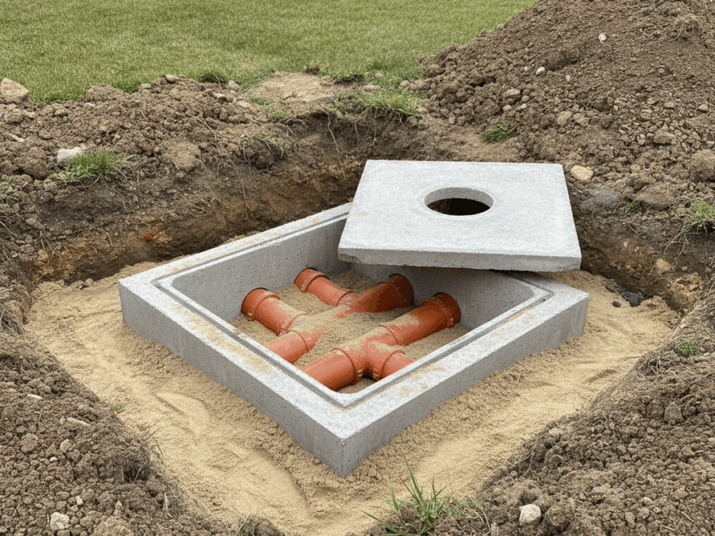 Boîte de branchement béton raccordée au collecteur public